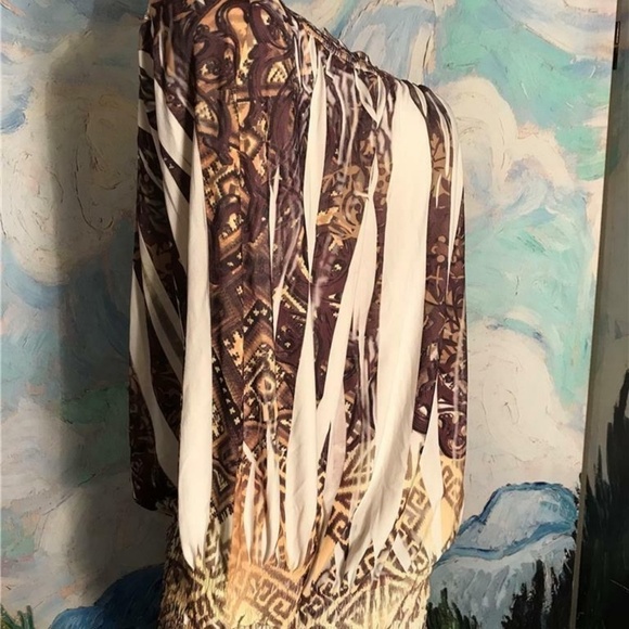 SereNade Brown Artsy Print Shirred Neck/ Hem Top - Picture 3 of 6